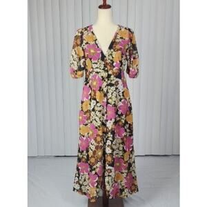 Bohme Aubree Floral Midi Dress V-neck Empire Waist Puff Sleeve Multicolor Small